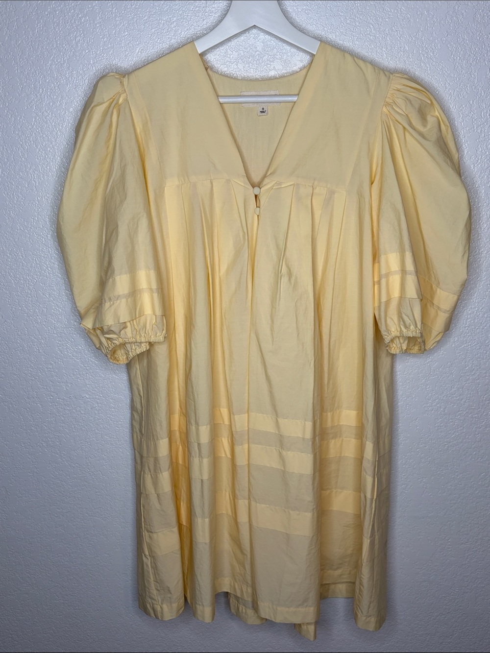 Mable Pastel Yellow Cotton Pleated Babydoll Dress Puff Sleeves Size Small